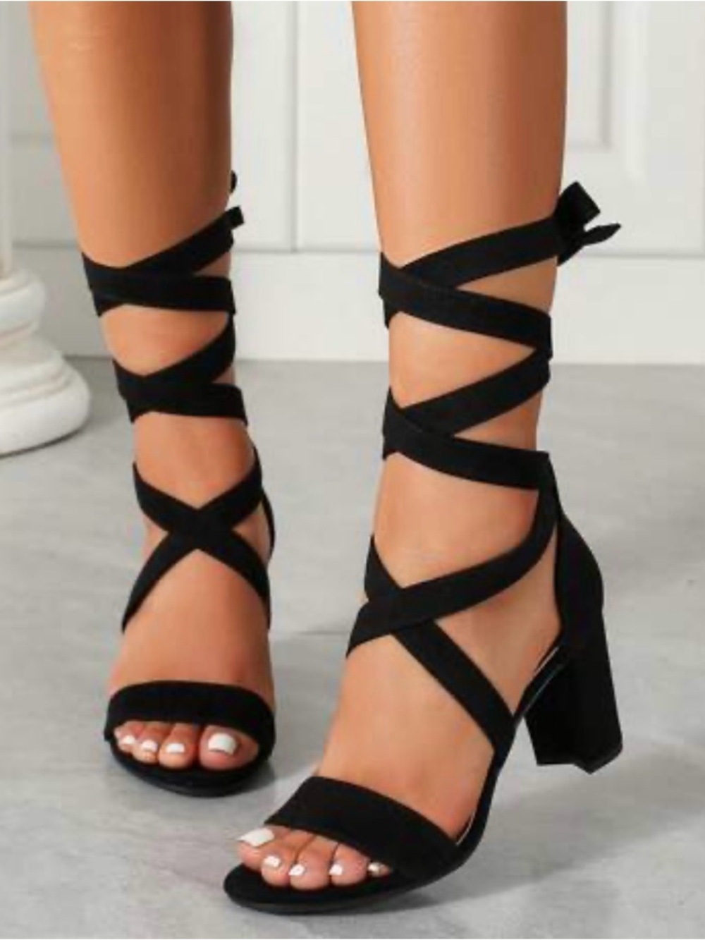 Shein black chunky  block heels wrap heels sandals 8/8.5